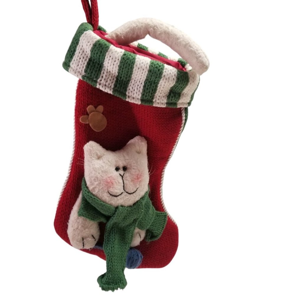 Vintage Christmas Stocking Cat 3D Plush 1990s Scarf Stripes Kitten Kitty Holiday - Picture 5 of 8